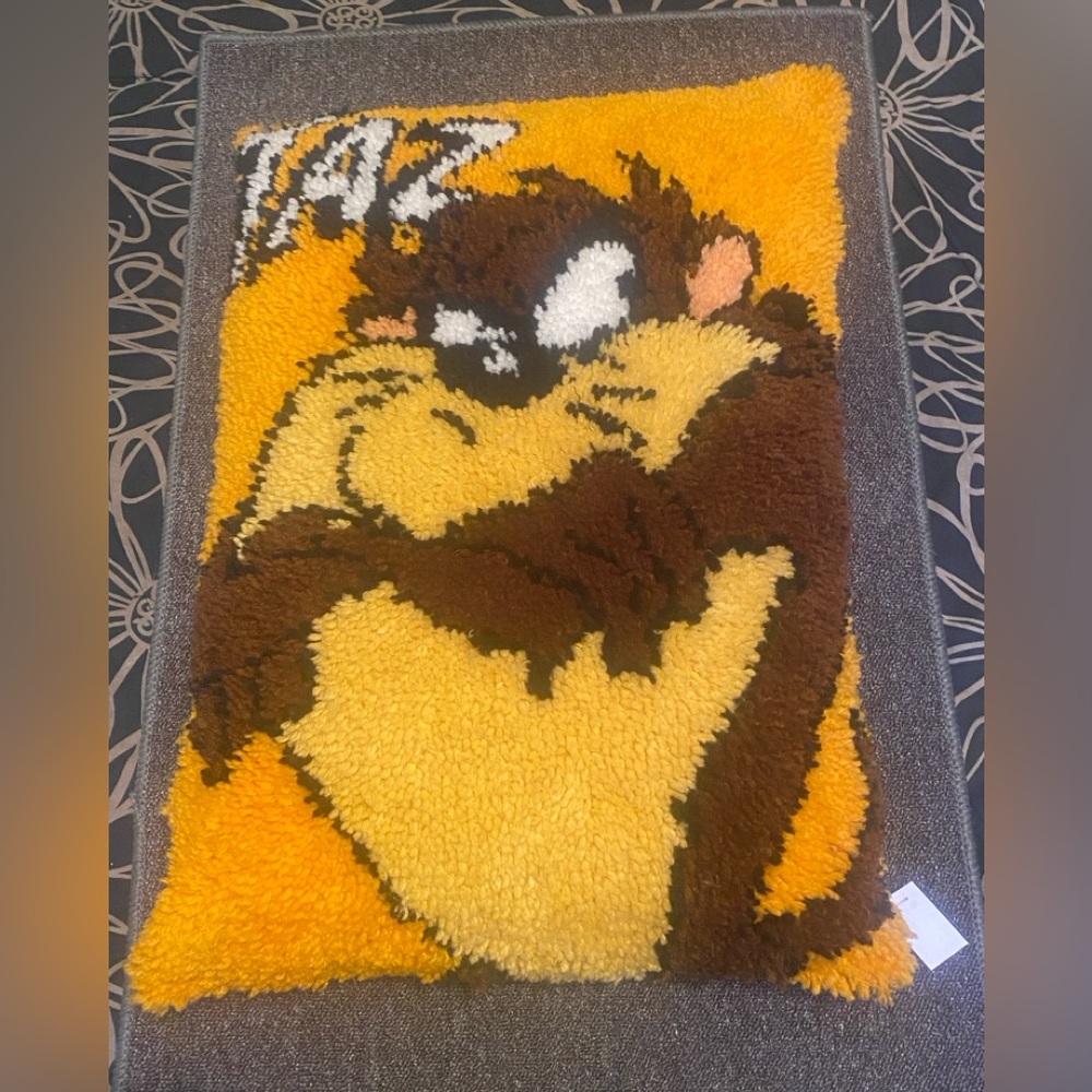 Taz Vintage Pillow Black Leather Decorative  with Yellow Fringe Looney Tunes